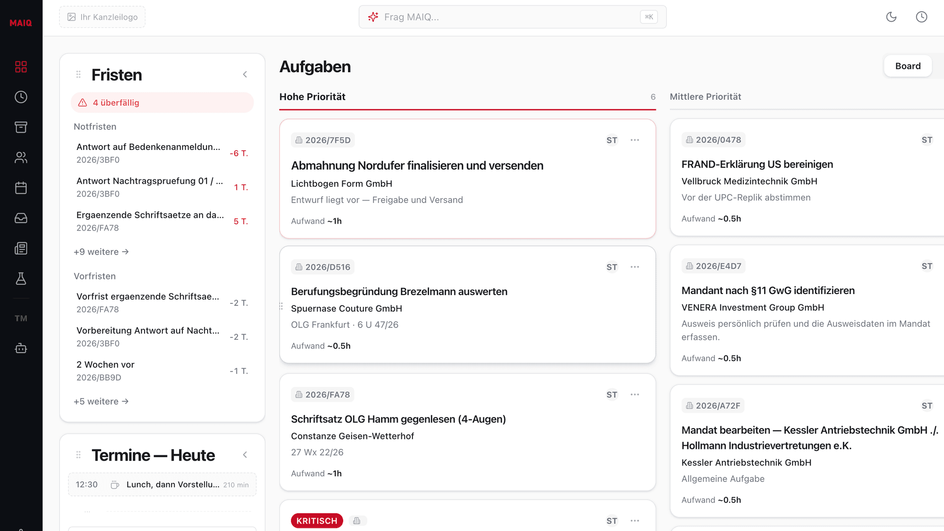 MAIQ-Dashboard: Fristen, Notfristen und priorisierte Aufgaben einer Kanzlei auf einen Blick