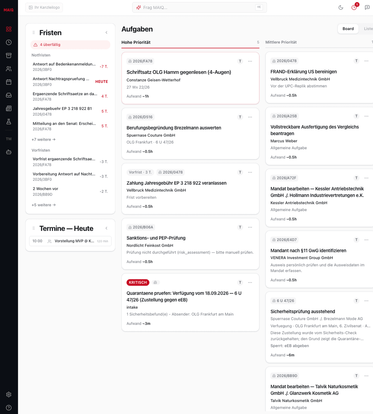 MAIQ-Dashboard mit Notfristen, Vorfristen und priorisierten Aufgaben aus eingehenden E-Mails und beA-Nachrichten